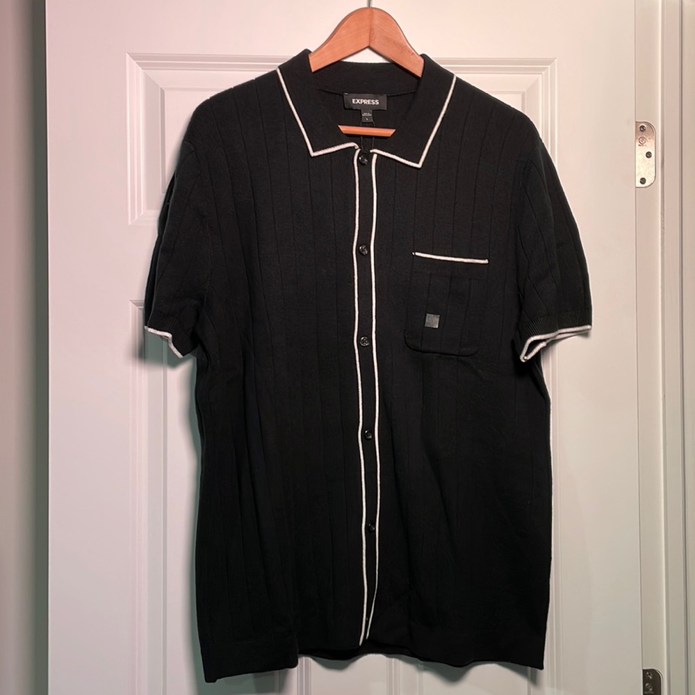 NEW Men's Express Black Ribbed Cotton Short Sleeve Sweater Polo - Large